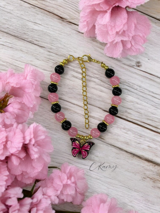Bracelet femme papillon multicolore doré noir rose