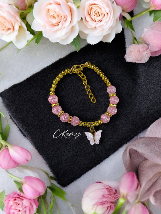 Bracelet femme papillon unicolore doré rose clair craquelé
