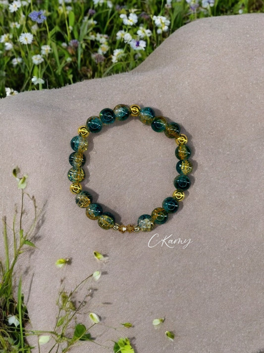 Bracelet femme perles de verre bleu turquoise doré