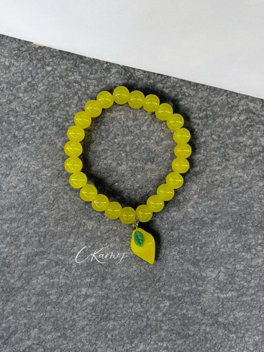 Bracelet femme perles de verre citron jaune