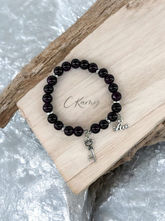 Bracelet femme perles de verre clé ancienne love argent prune