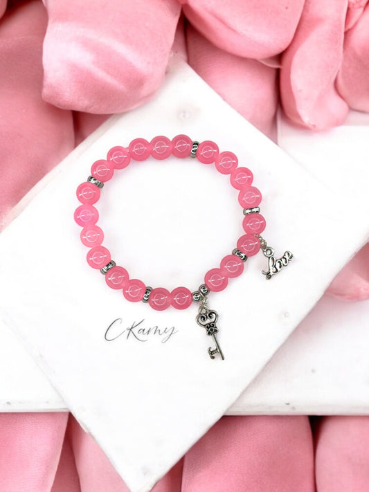 Bracelet femme perles de verre clé ancienne love argent rose