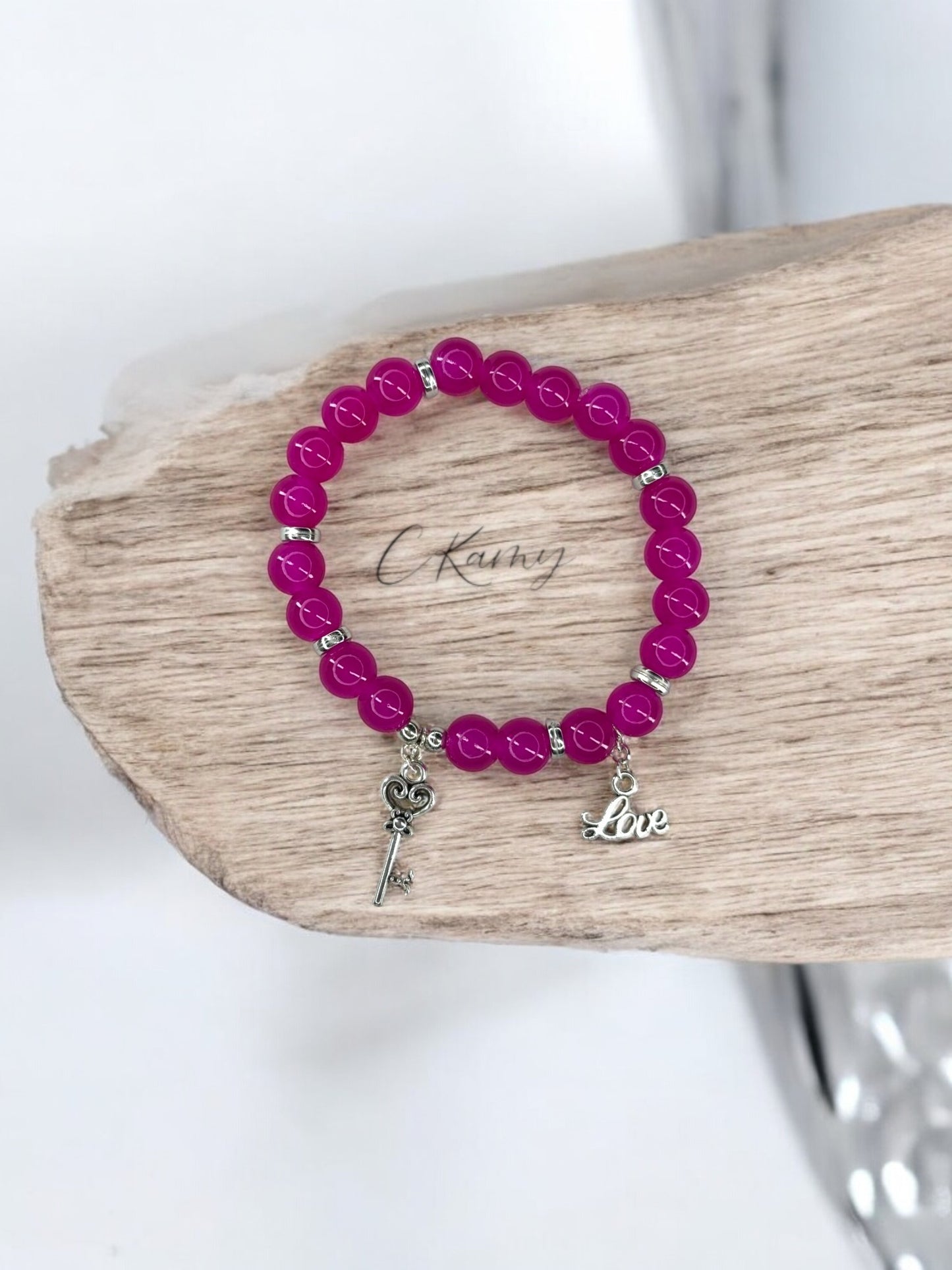 Bracelet femme perles de verre clé ancienne love argent rose flash