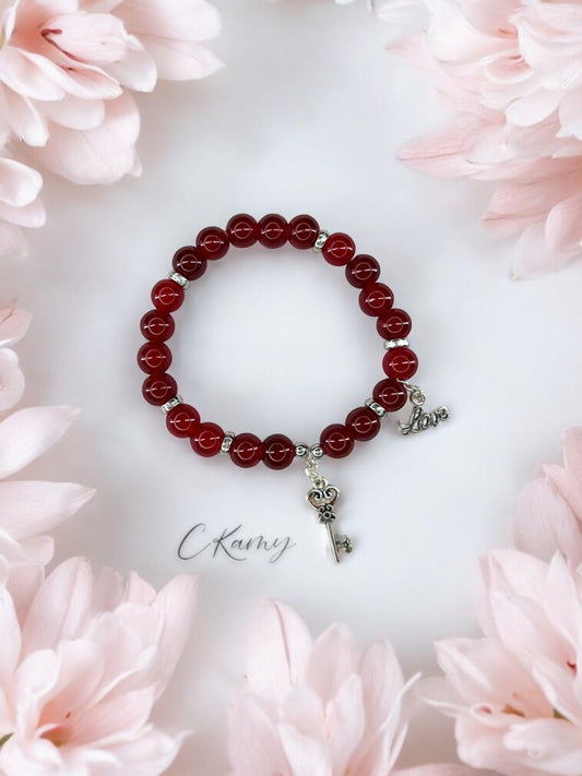 Bracelet femme perles de verre clé ancienne love argent rouge