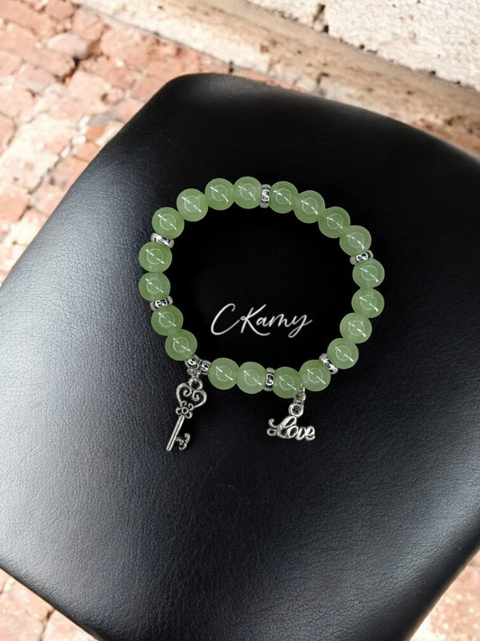 Bracelet femme perles de verre clé ancienne love argent vert