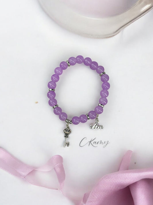 Bracelet femme perles de verre clé ancienne love argent violet