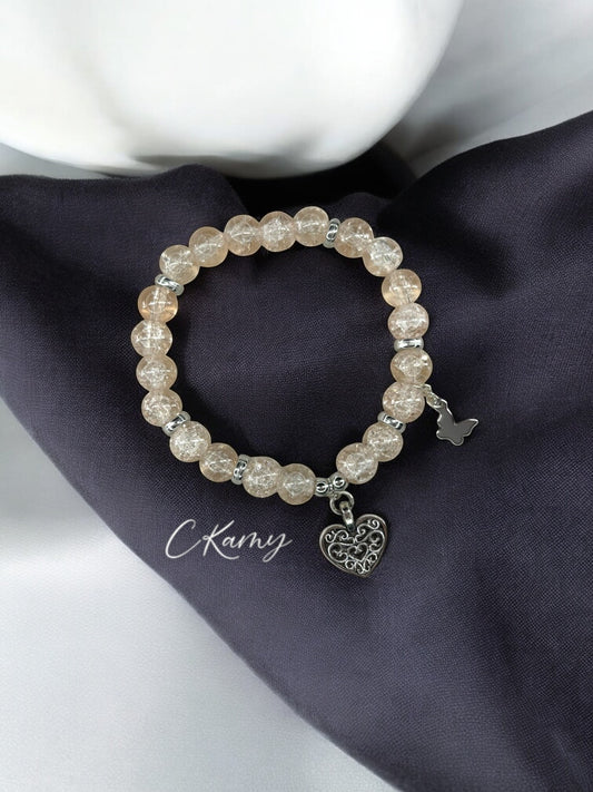 Bracelet femme perles de verre coeur ancien papillon argent beige craquelé
