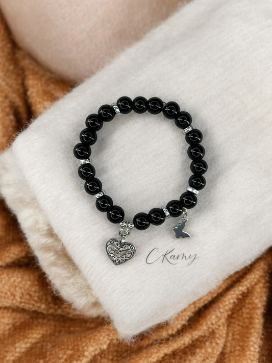 Bracelet femme perles de verre coeur ancien papillon argent noir