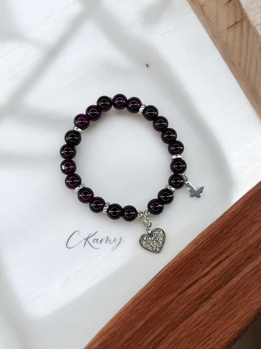 Bracelet femme perles de verre coeur ancien papillon argent prune