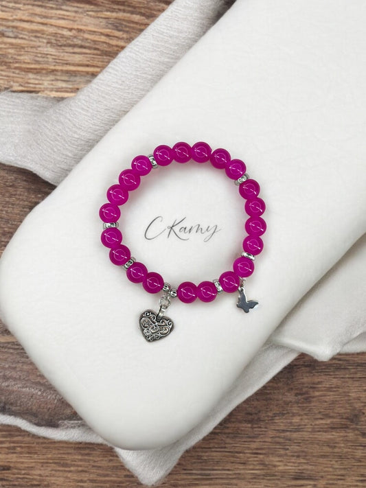 Bracelet femme perles de verre coeur ancien papillon argent rose flash