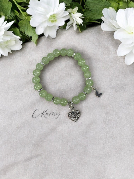 Bracelet femme perles de verre coeur ancien papillon argent vert