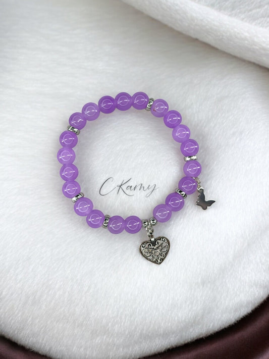Bracelet femme perles de verre coeur ancien papillon argent violet