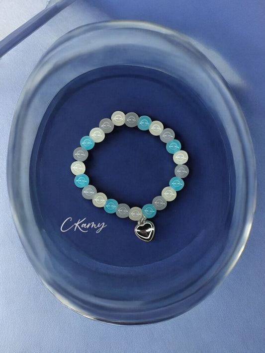 Bracelet femme perles de verre coeur bombé bleu foncé gris foncé jaune clair