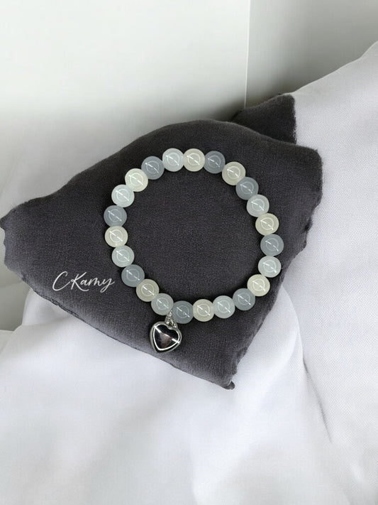 Bracelet femme perles de verre coeur bombé gris clair gris foncé jaune clair