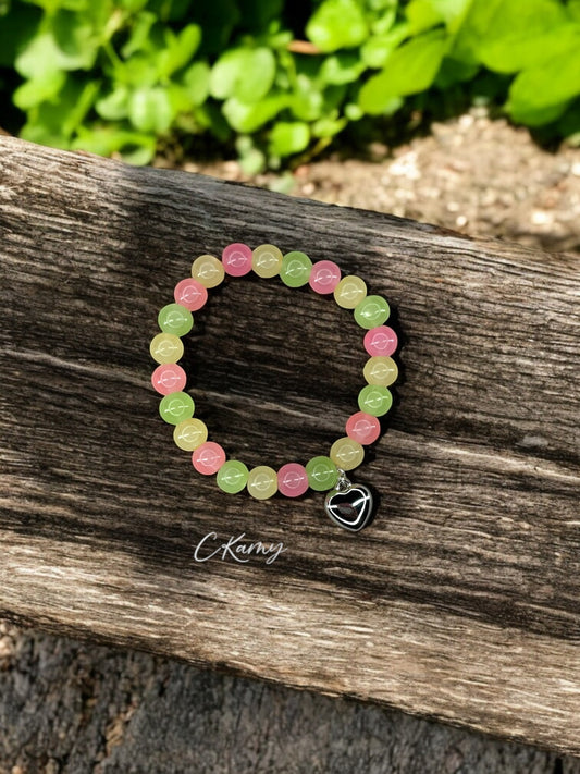 Bracelet femme perles de verre coeur bombé jaune vert clair rose foncé