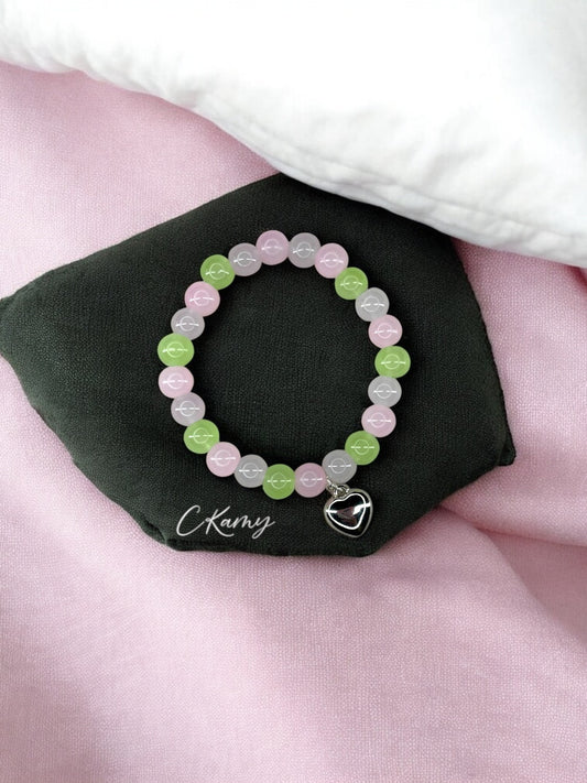 Bracelet femme perles de verre coeur bombé rose clair violet clair vert clair