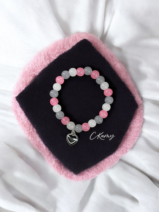 Bracelet femme perles de verre coeur bombé rose foncé gris foncé blanc