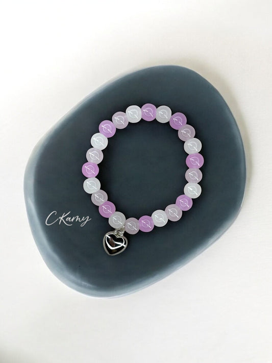 Bracelet femme perles de verre coeur bombé violet clair violet foncé blanc