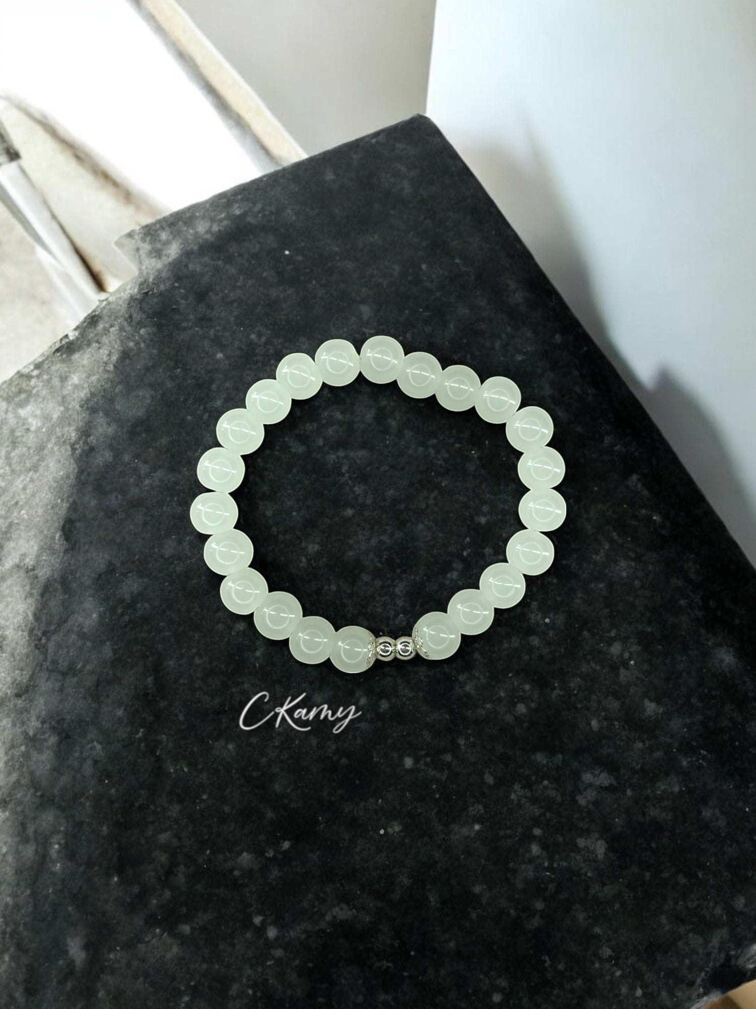 Bracelet femme perles de verre floral argent 4mm blanc