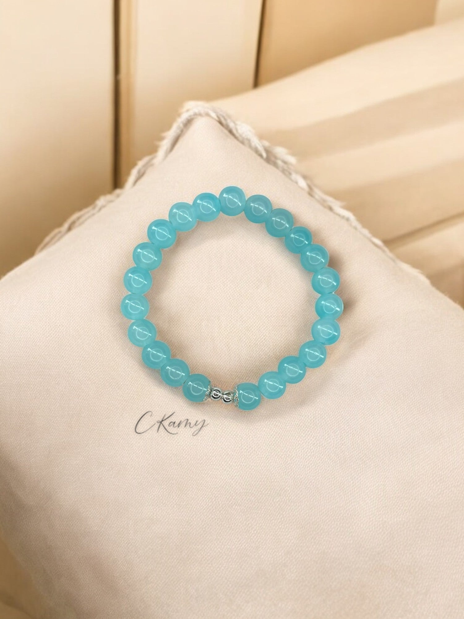 Bracelet femme perles de verre floral argent 4mm bleu clair