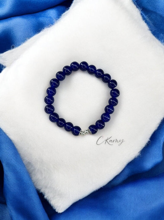 Bracelet femme perles de verre floral argent 4mm bleu foncé