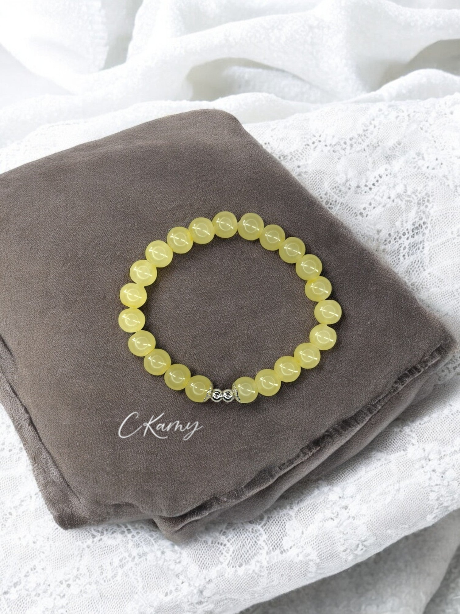 Bracelet femme perles de verre floral argent 4mm jaune clair