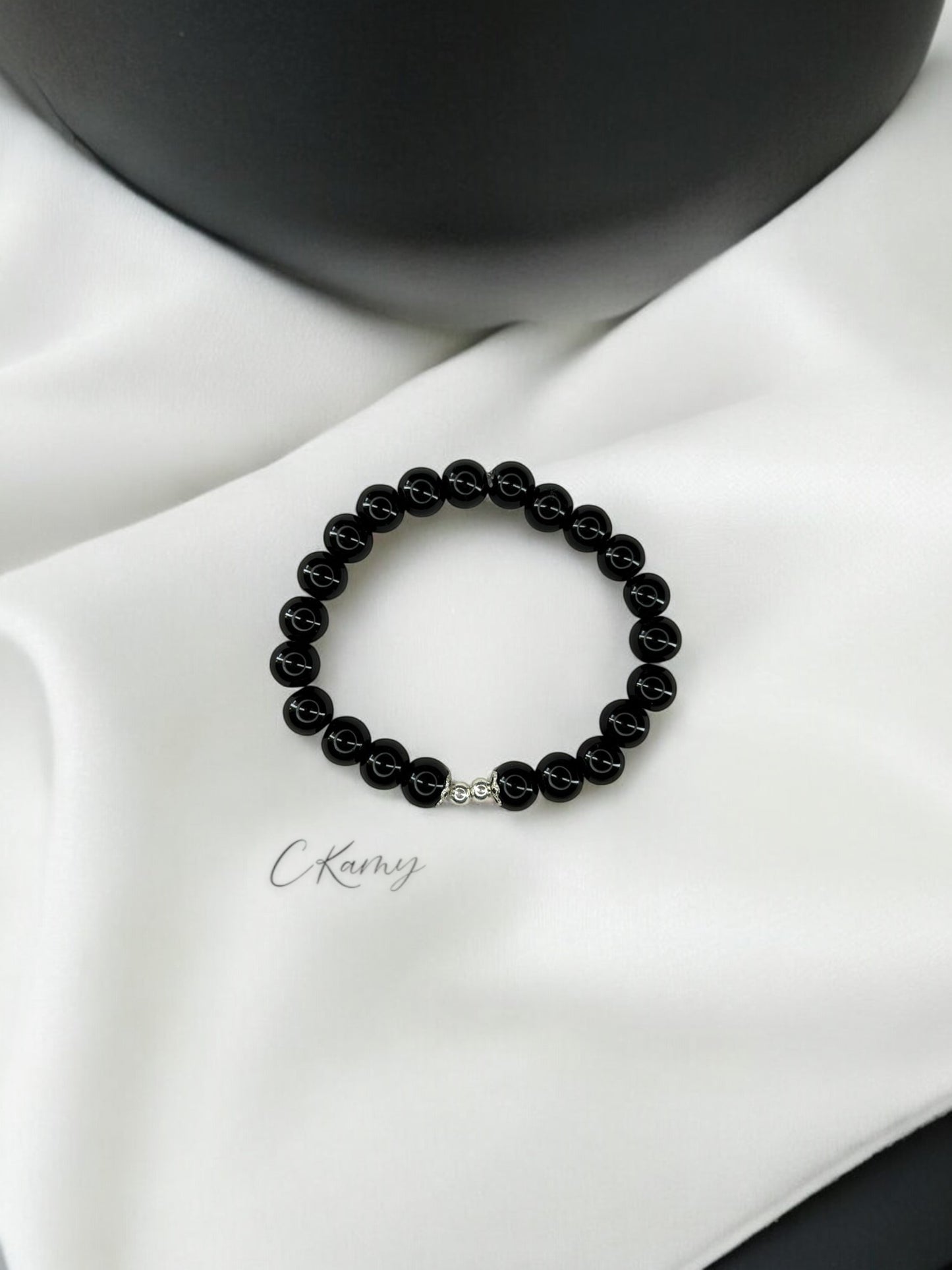 Bracelet femme perles de verre floral argent 4mm noir