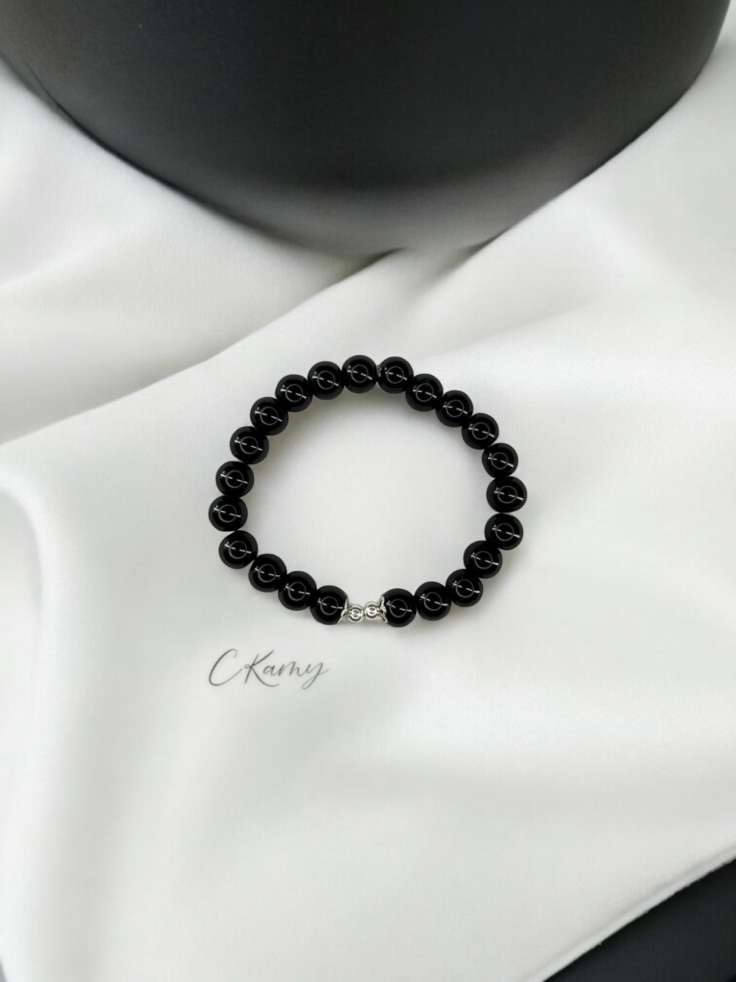 Bracelet femme perles de verre floral argent 4mm noir
