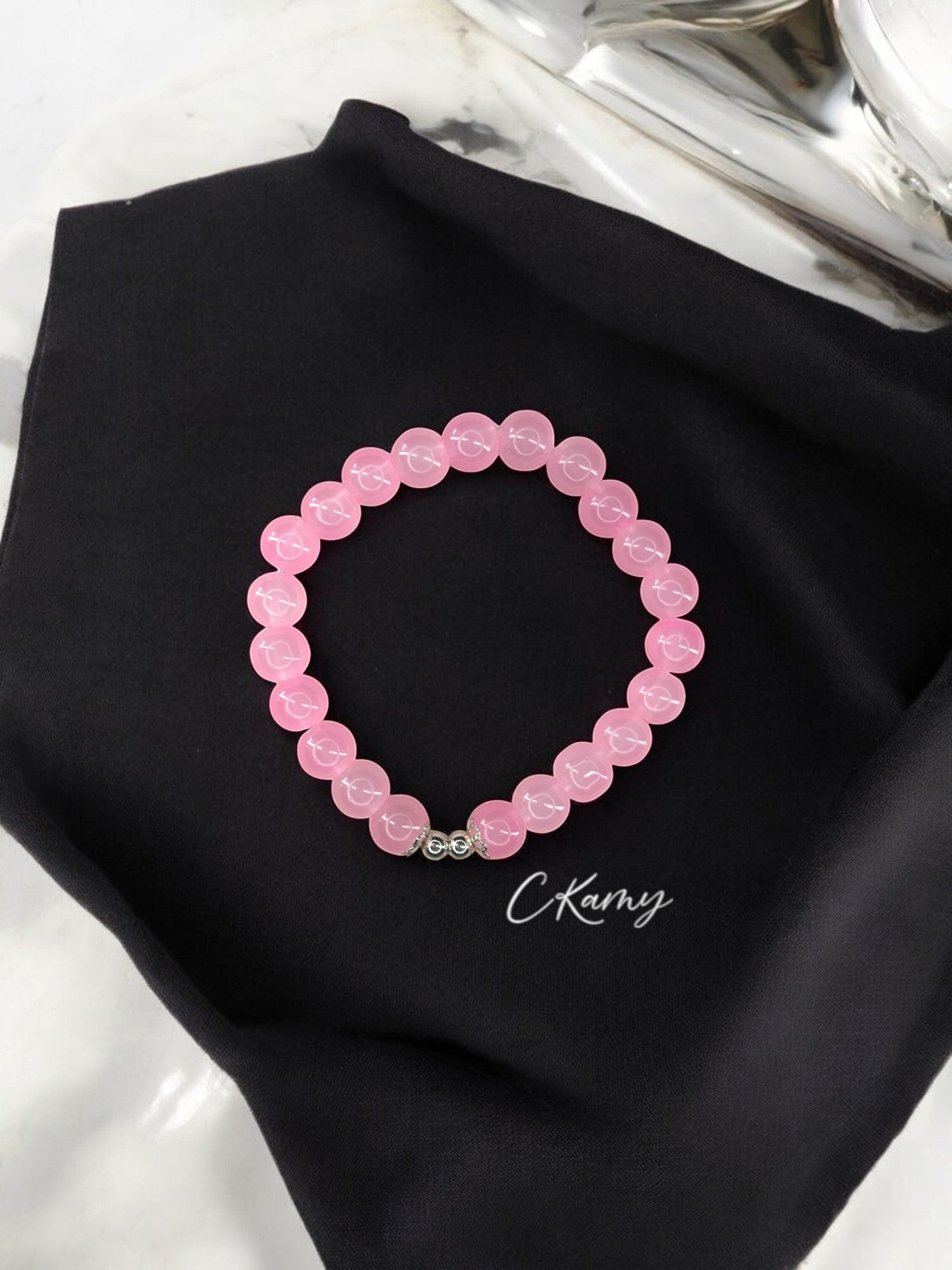 Bracelet femme perles de verre floral argent 4mm rose