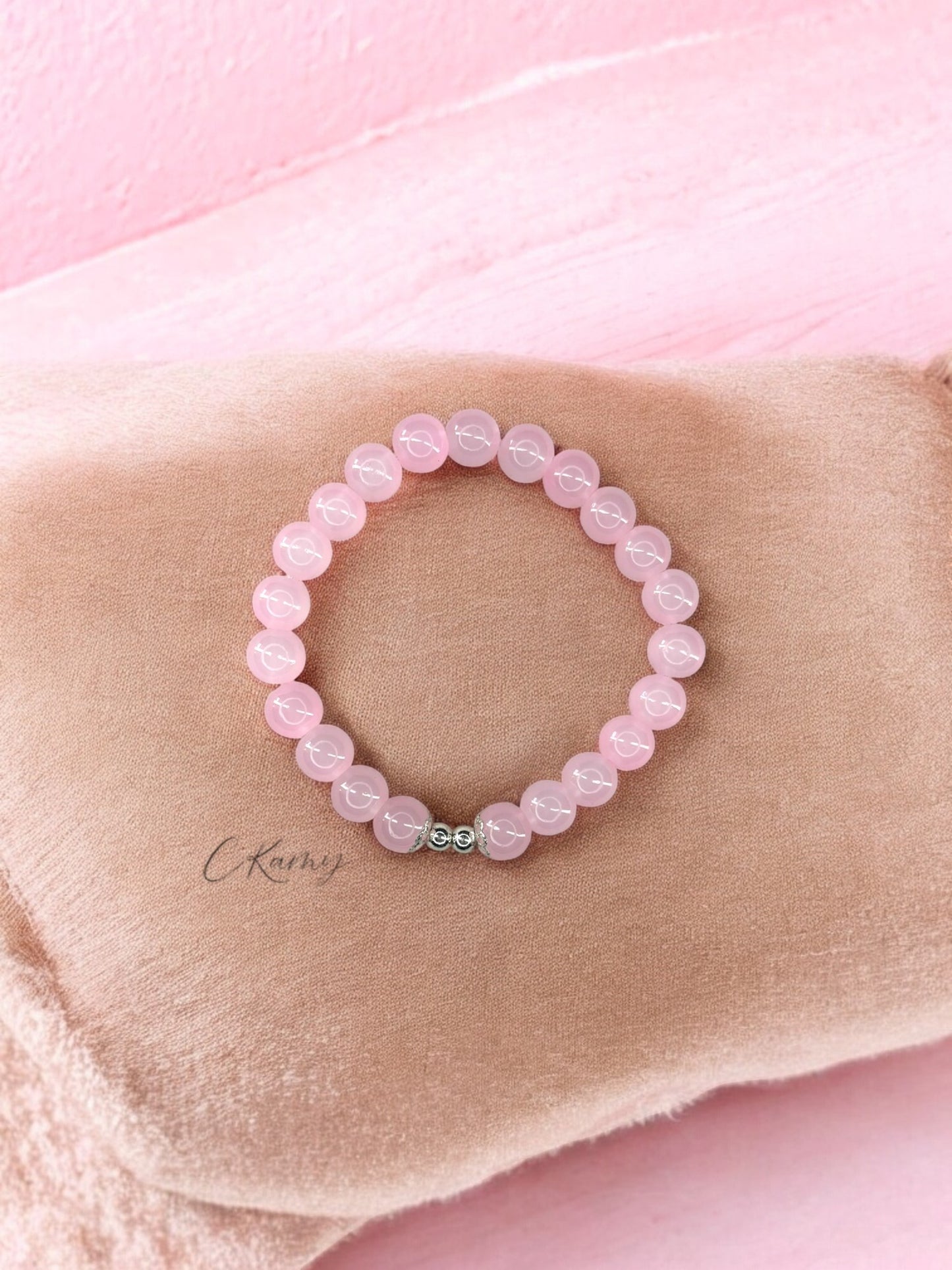 Bracelet femme perles de verre floral argent 4mm rose clair