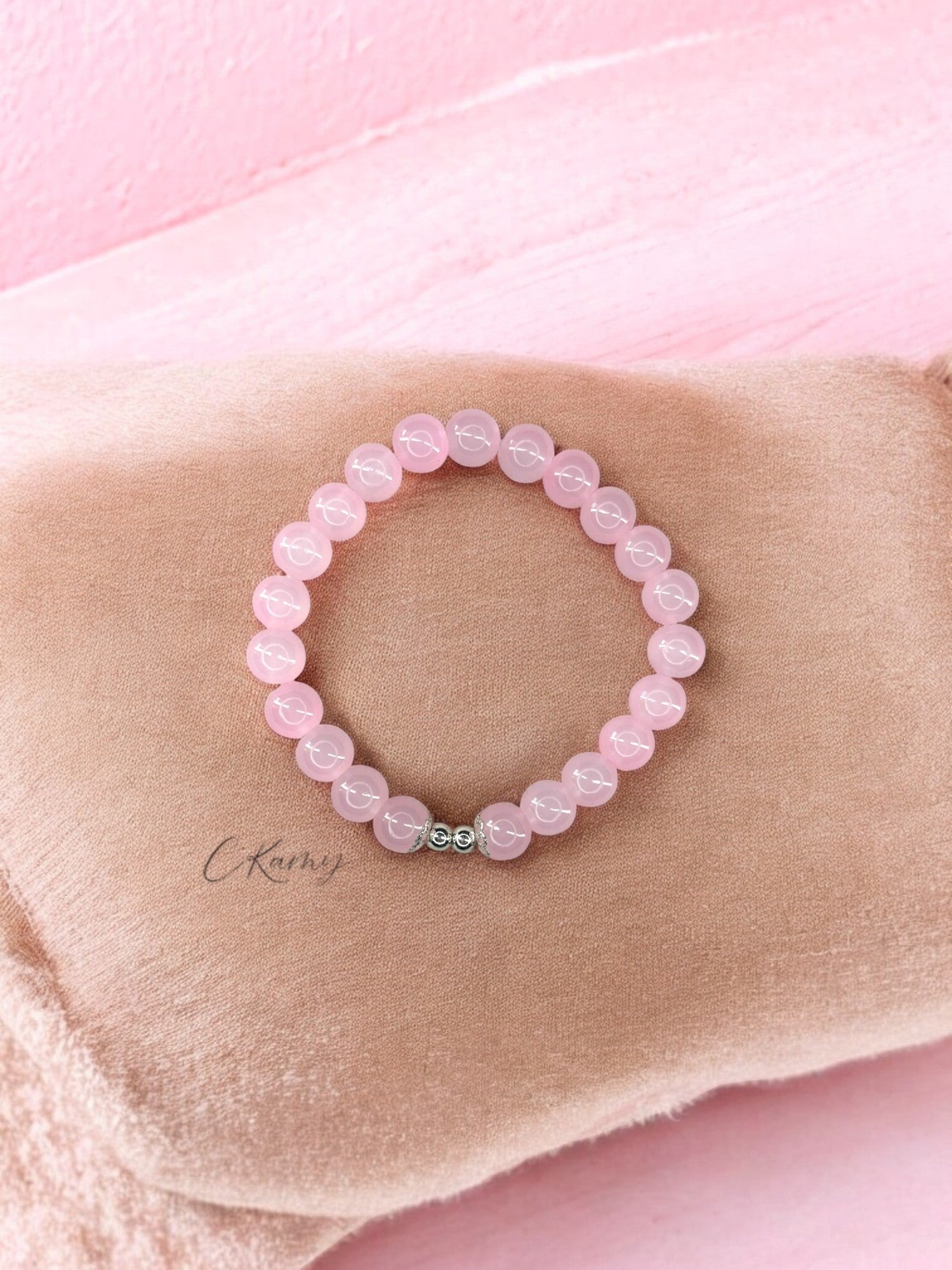 Bracelet femme perles de verre floral argent 4mm rose clair