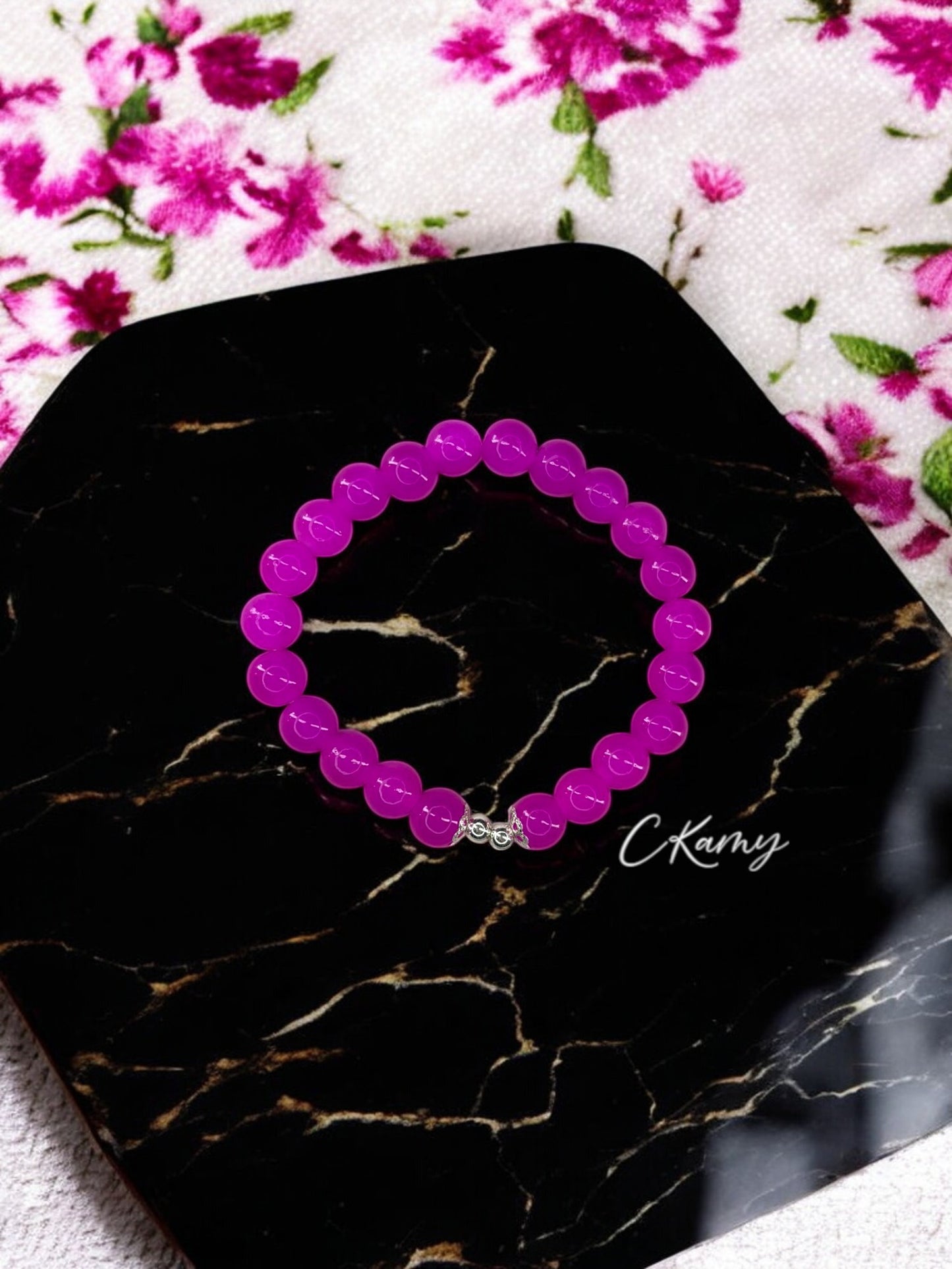 Bracelet femme perles de verre floral argent 4mm rose flash