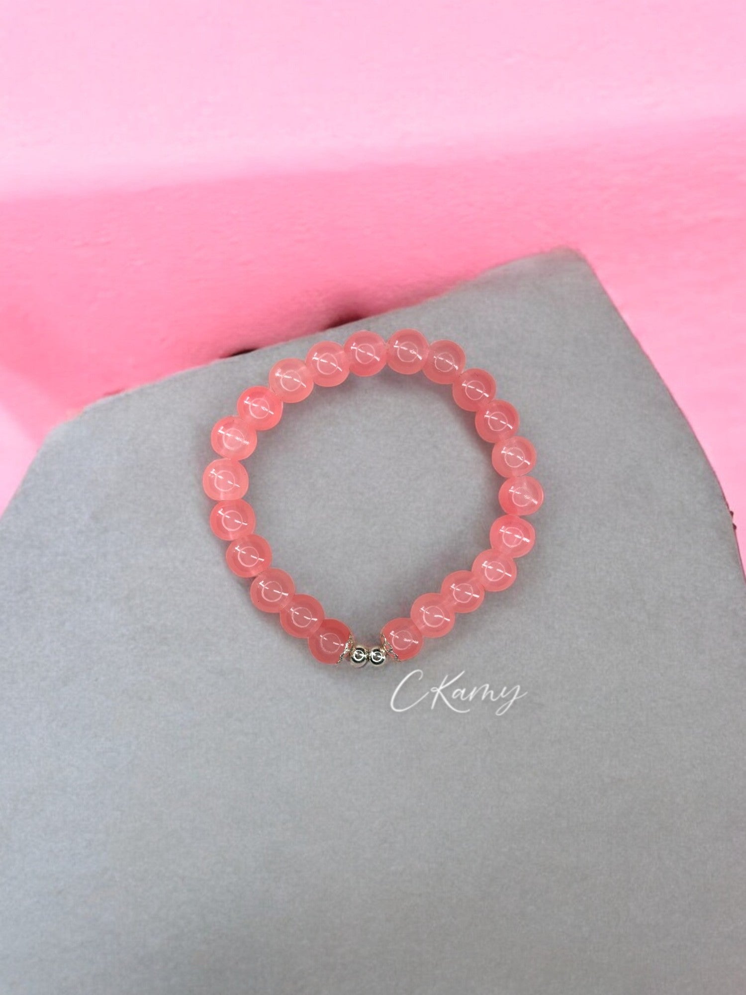 Bracelet femme perles de verre floral argent 4mm rose saumon