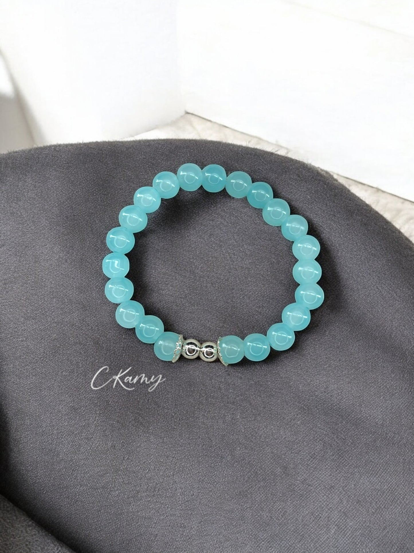 Bracelet femme perles de verre floral argent 6mm bleu clair