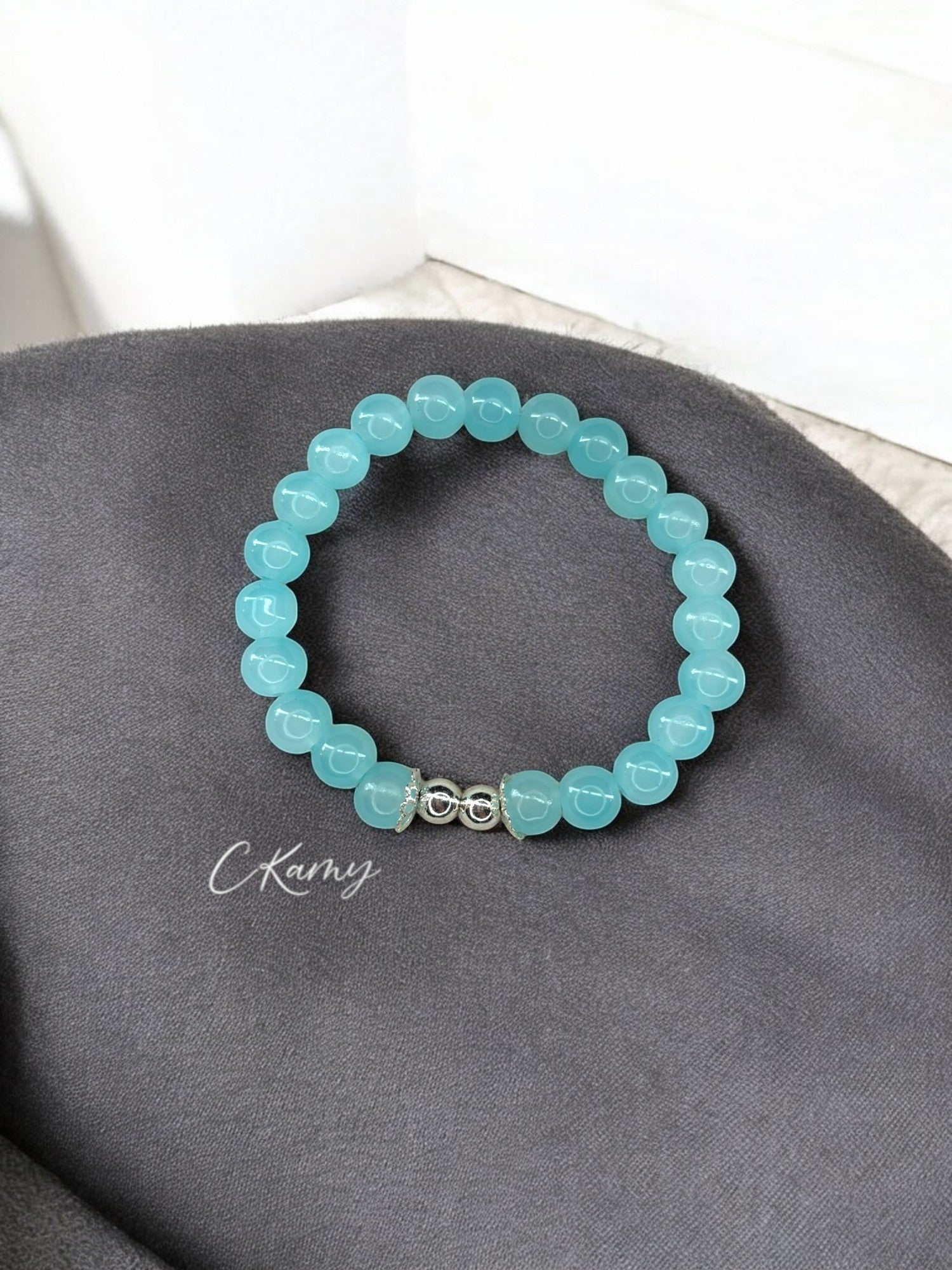 Bracelet femme perles de verre floral argent 6mm bleu clair