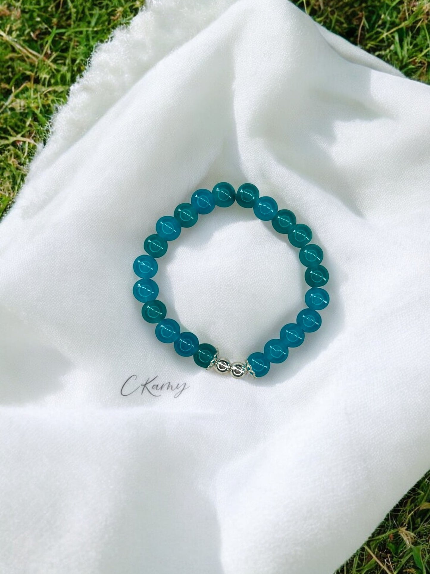 Bracelet femme perles de verre floral argent 6mm bleu turquoise