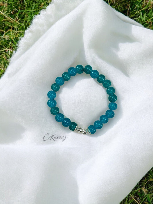 Bracelet femme perles de verre floral argent 6mm bleu turquoise