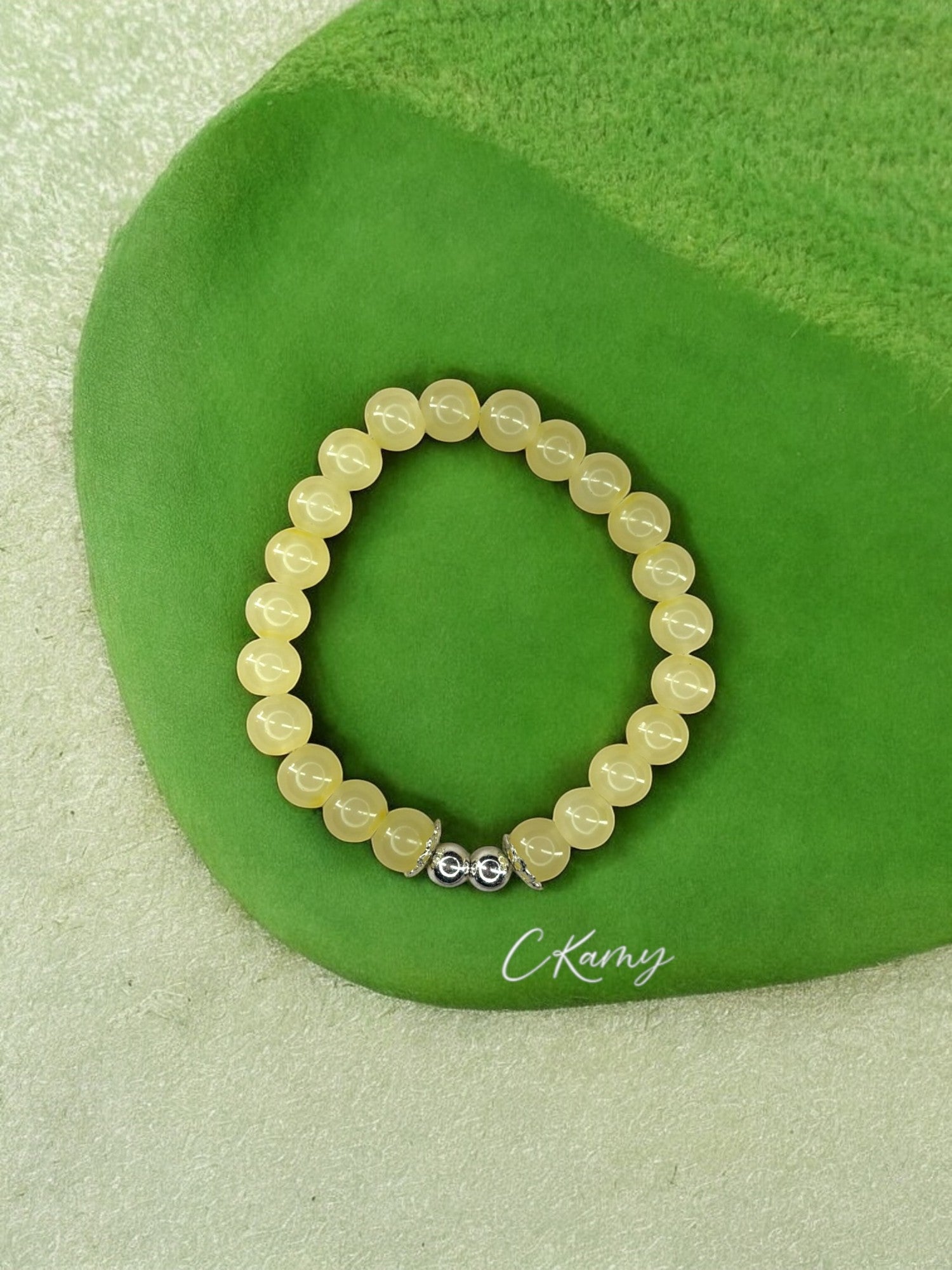 Bracelet femme perles de verre floral argent 6mm jaune clair