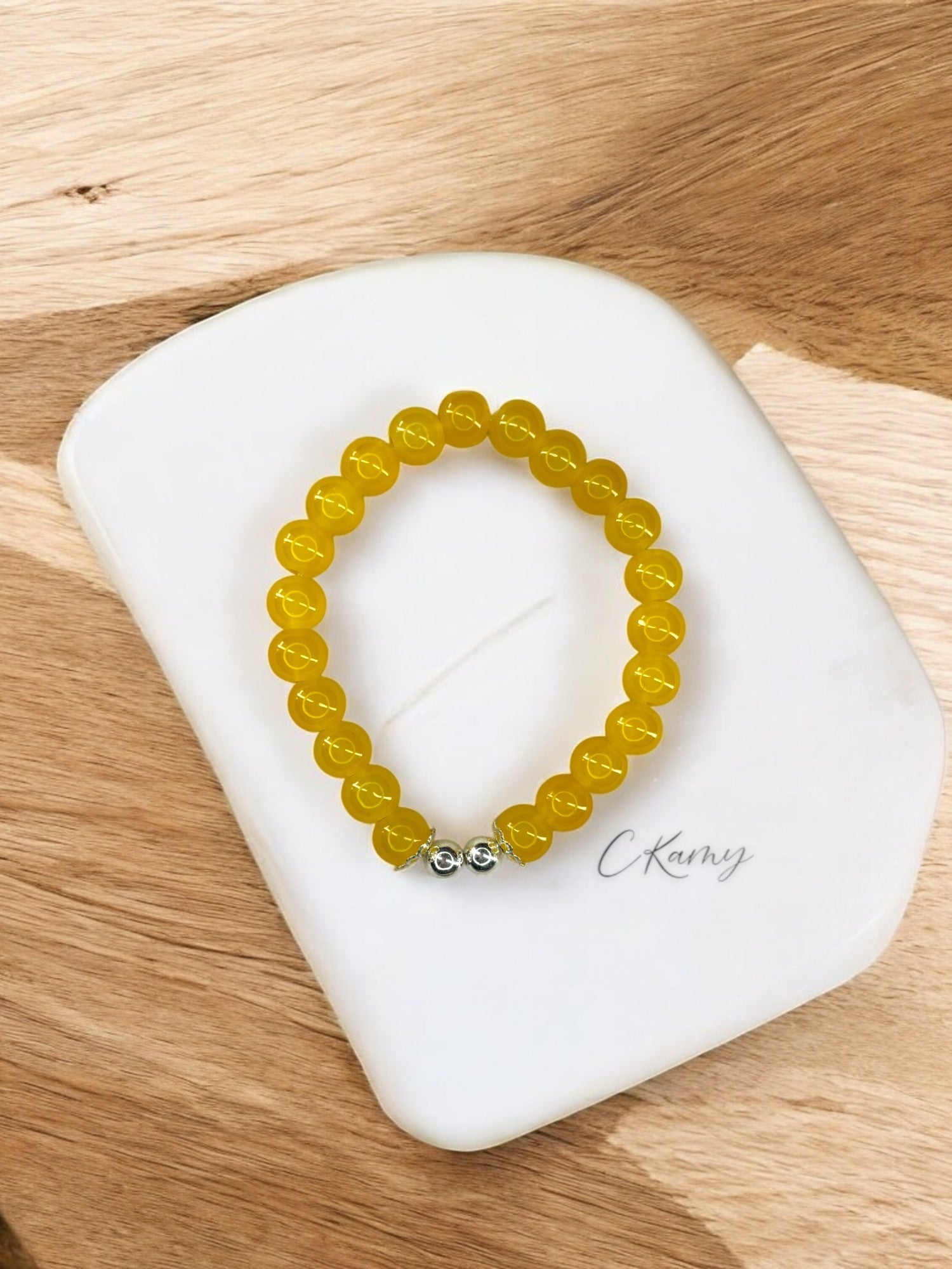Bracelet femme perles de verre floral argent 6mm jaune orangé