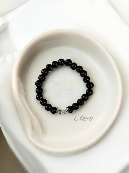 Bracelet femme perles de verre floral argent 6mm noir