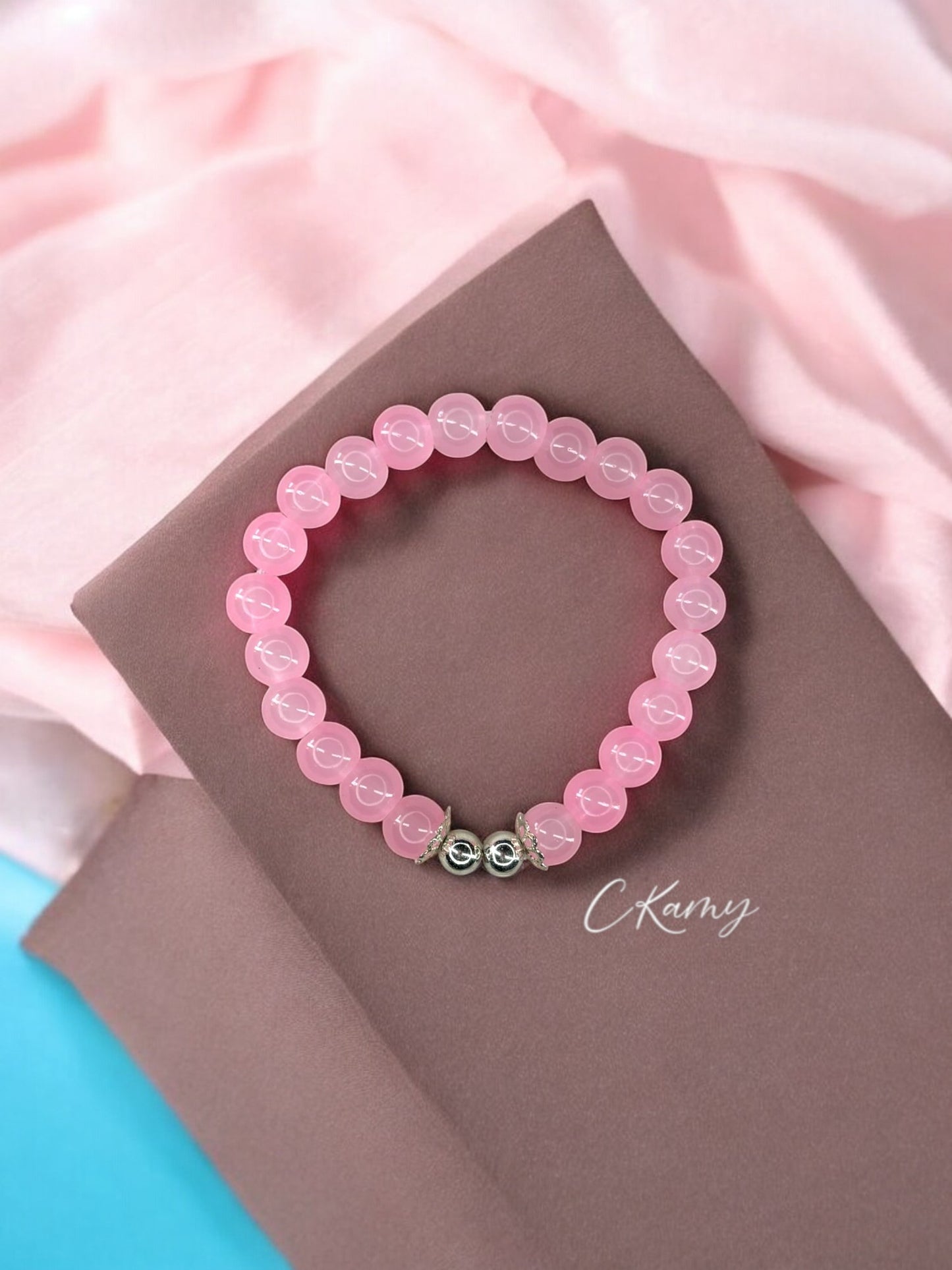 Bracelet femme perles de verre floral argent 6mm rose
