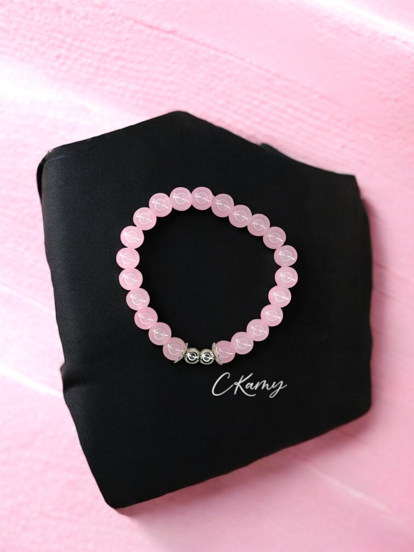 Bracelet femme perles de verre floral argent 6mm rose clair