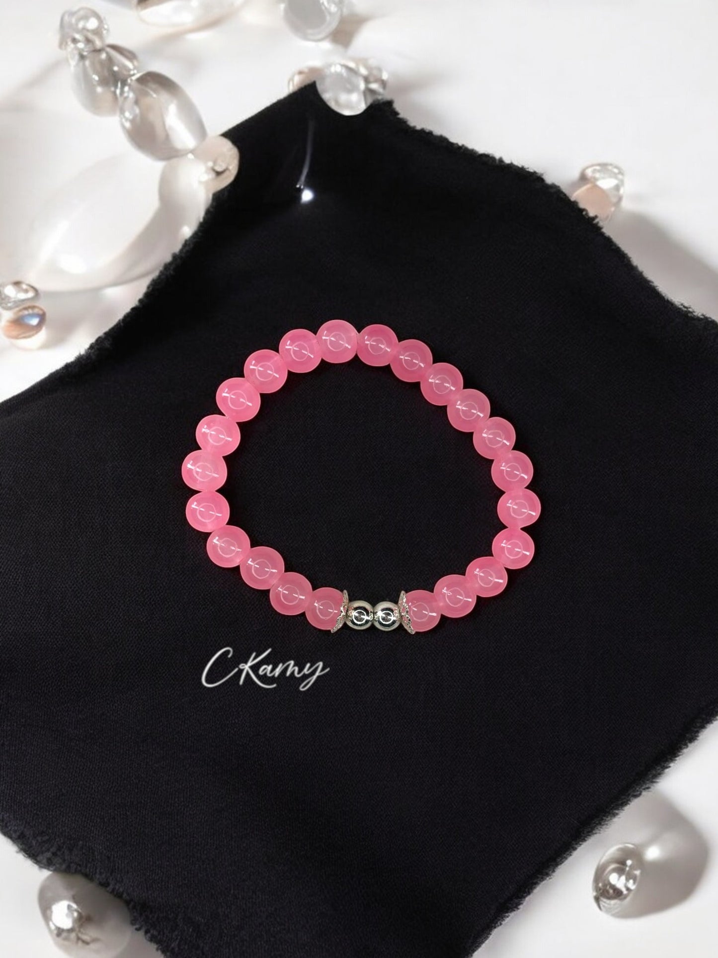 Bracelet femme perles de verre floral argent 6mm rose foncé