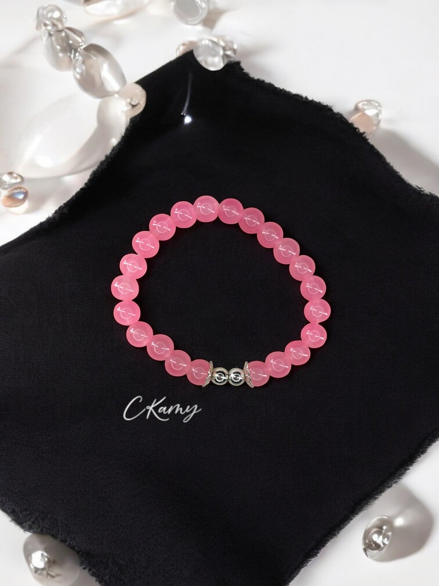 Bracelet femme perles de verre floral argent 6mm rose foncé