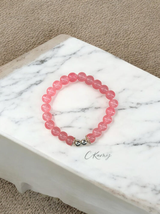 Bracelet femme perles de verre floral argent 6mm rose saumon
