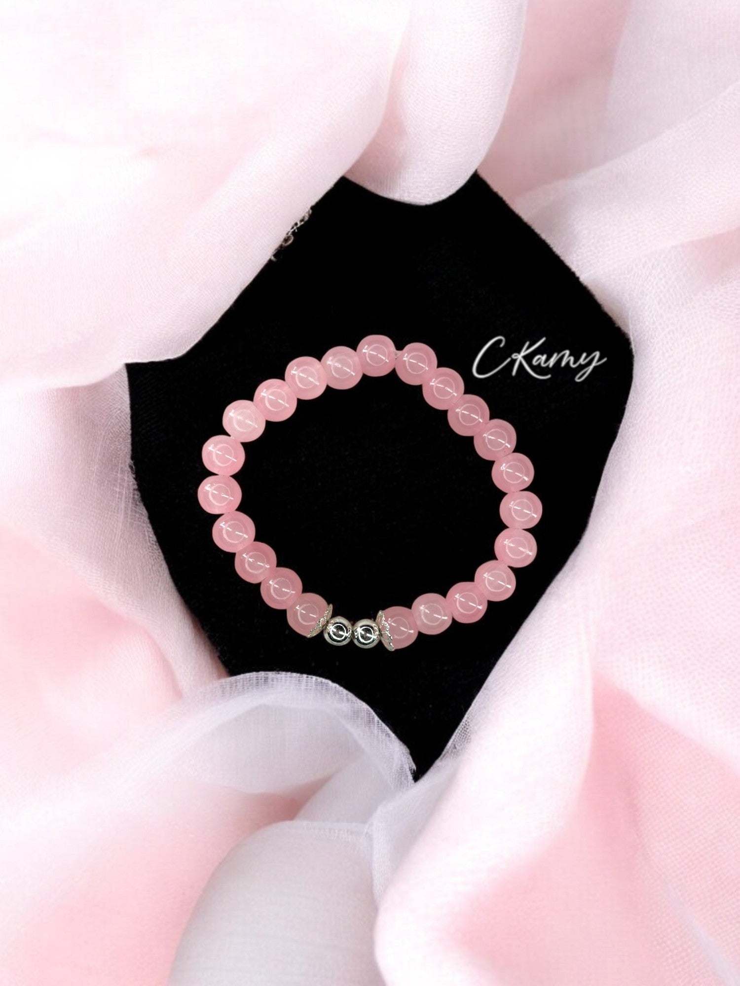 Bracelet femme perles de verre floral argent 6mm rose saumon clair