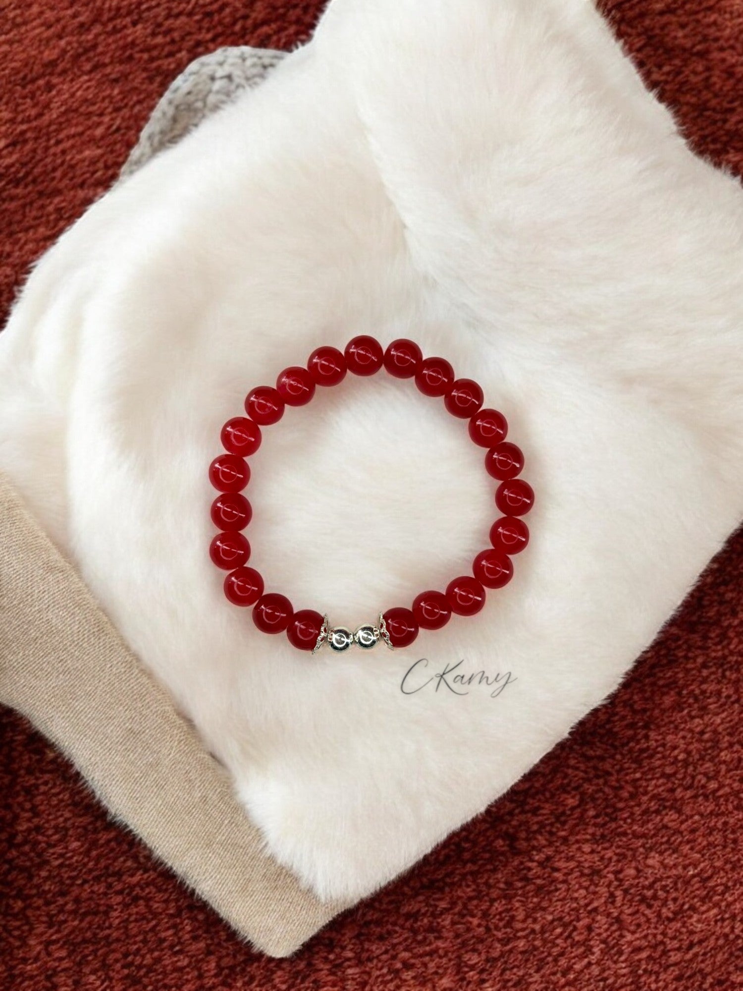 Bracelet femme perles de verre floral argent 6mm rouge