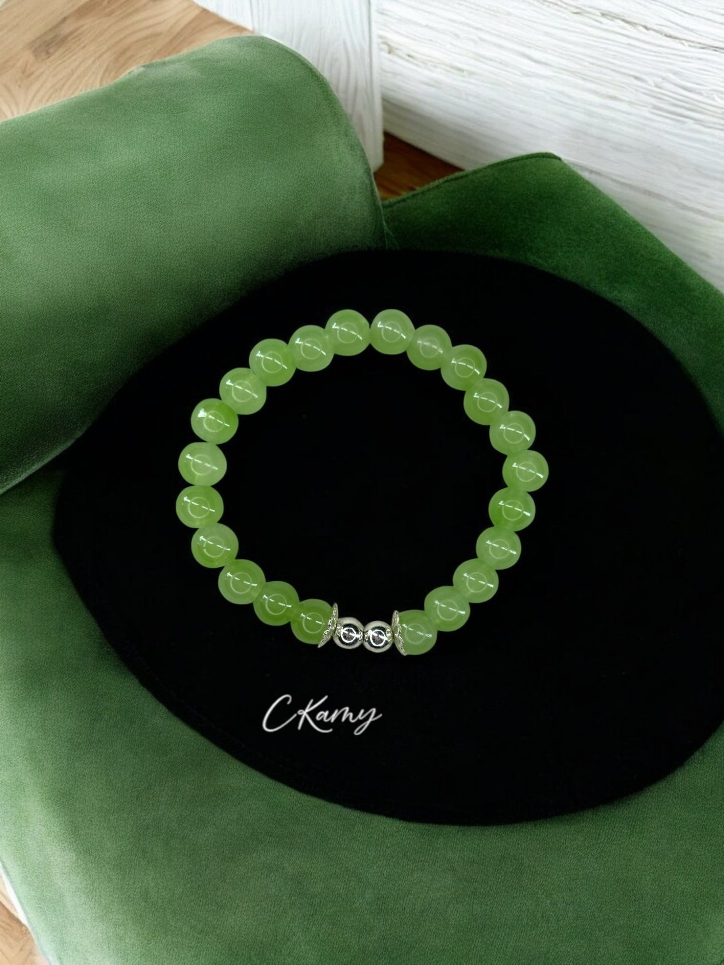 Bracelet femme perles de verre floral argent 6mm vert