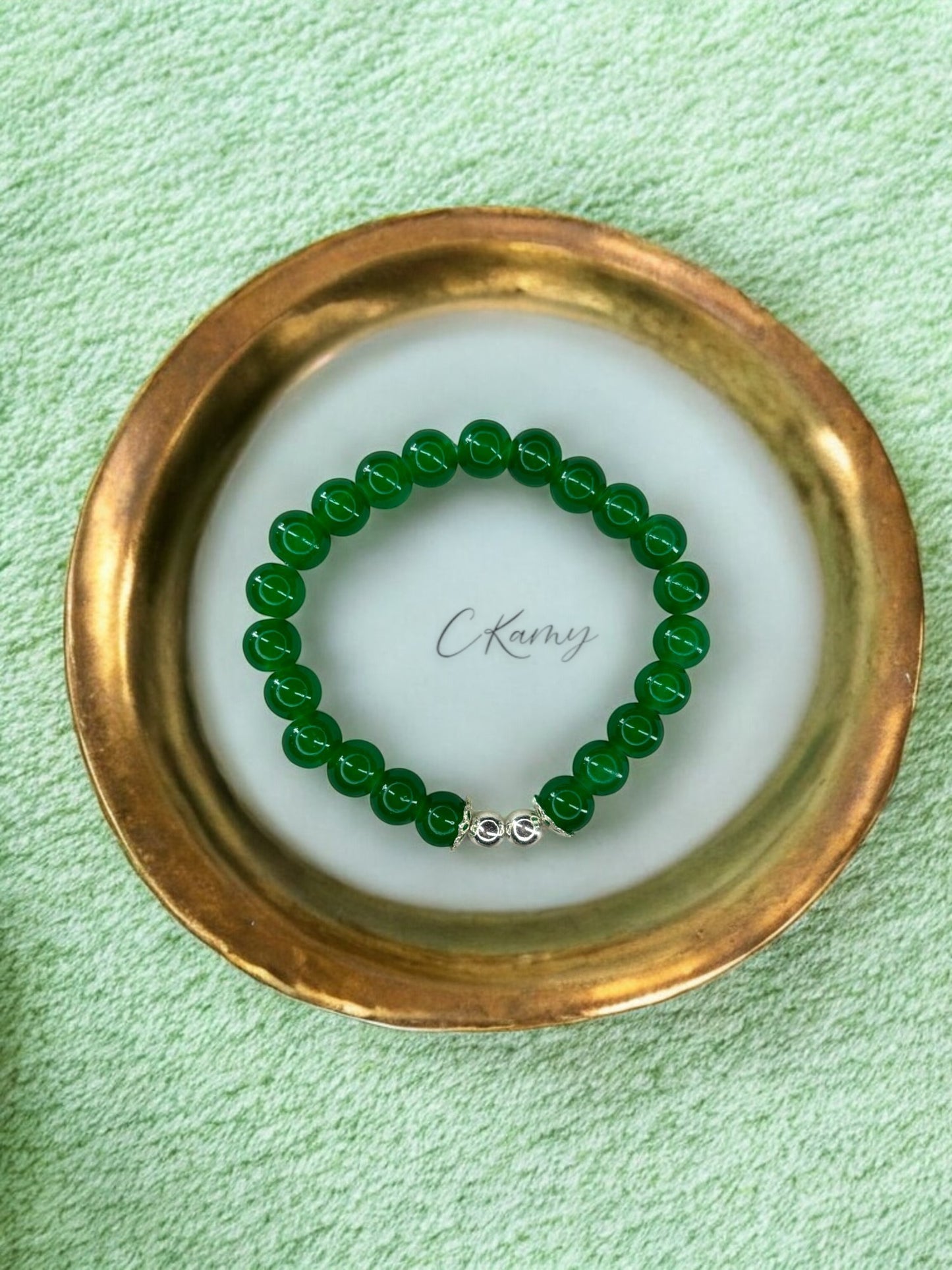 Bracelet femme perles de verre floral argent 6mm vert bouteille