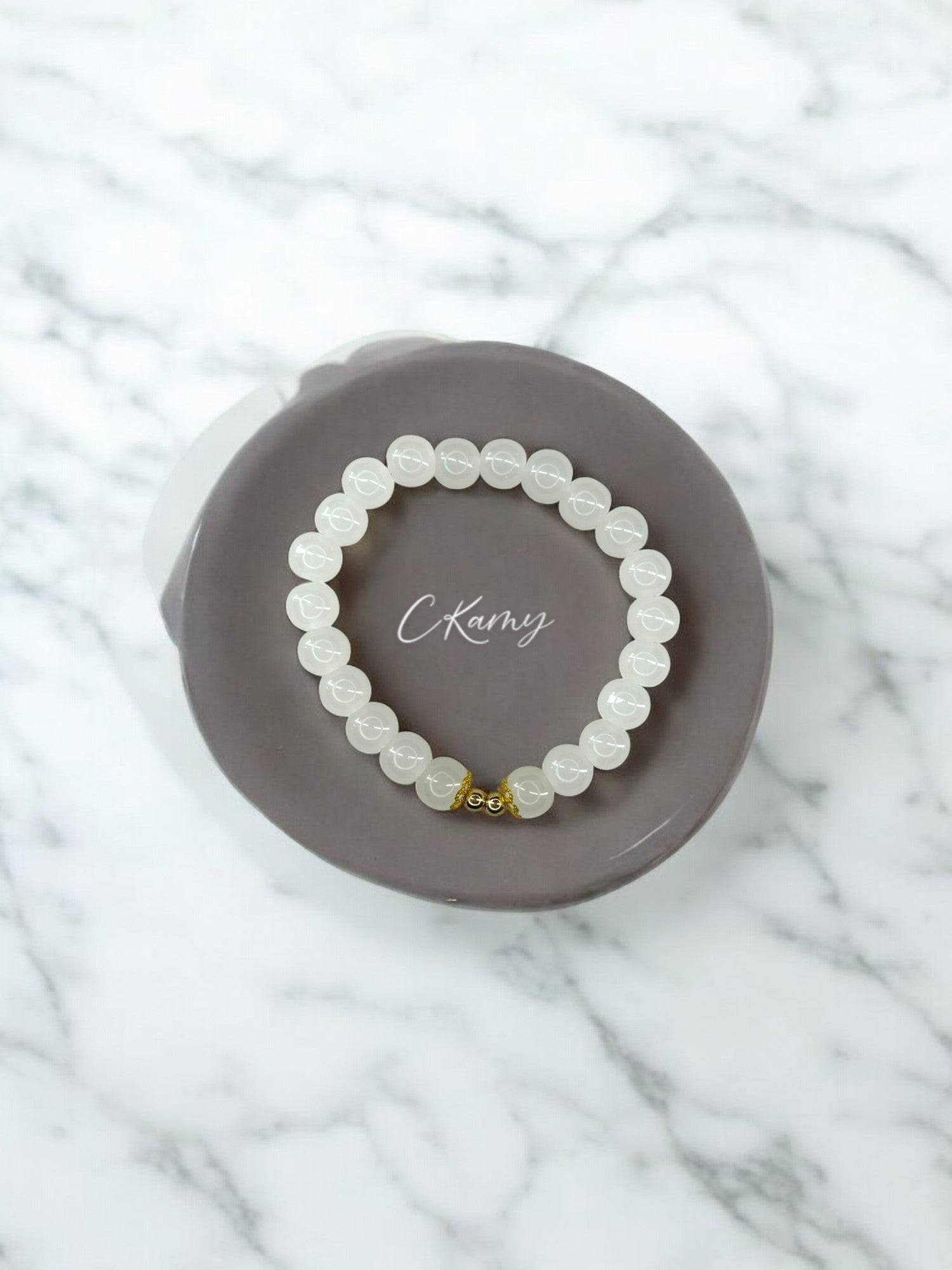 Bracelet femme perles de verre floral doré 4mm blanc
